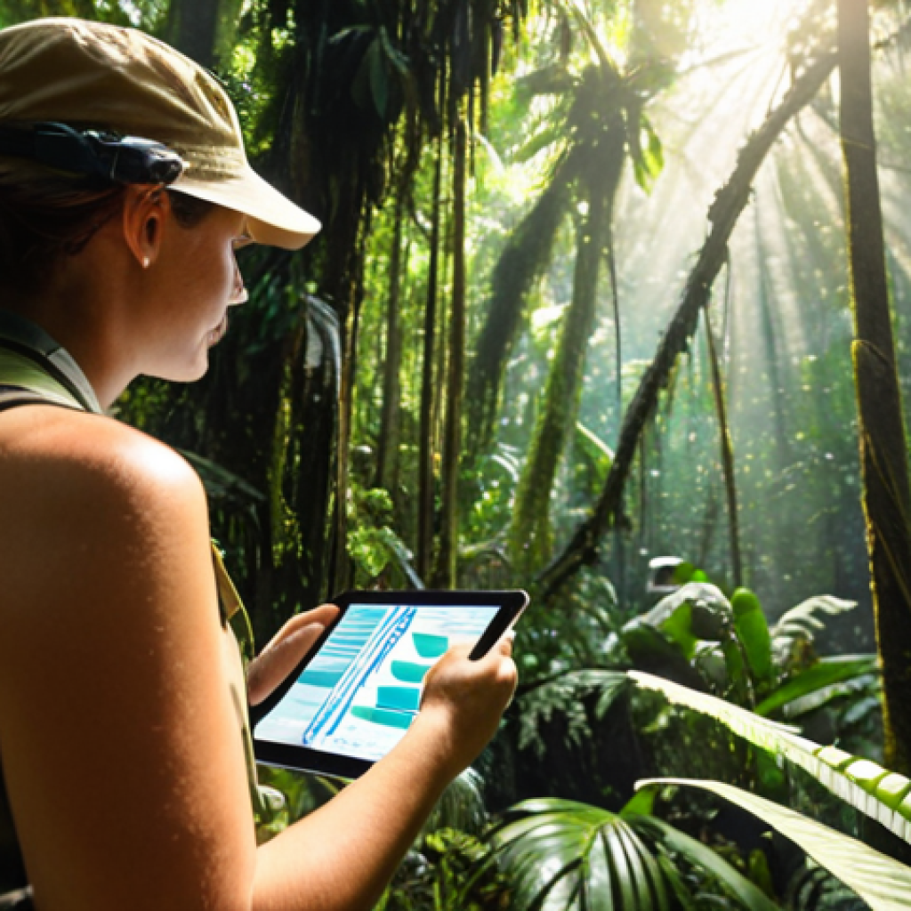 ** A conservationist confidently leading a team in a lush rainforest, using a tablet to analyze data, sunlight filtering through the canopy. Focus on competence and the vibrant ecosystem.

**