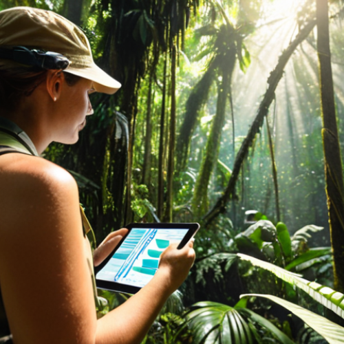 Home 18 ** A conservationist confidently leading a team in a lush rainforest, using a tablet to analyze data, sunlight filtering through the canopy. Focus on competence and the vibrant ecosystem.
**