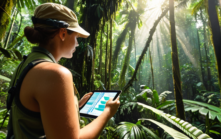 ** A conservationist confidently leading a team in a lush rainforest, using a tablet to analyze data, sunlight filtering through the canopy. Focus on competence and the vibrant ecosystem.

**