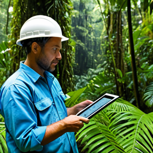 Home 17 A dedicated environmental scientist, fully clothed in professional field attire, actively working in a vibrant tropical rainforest. They are holding a ruggedized tablet displaying a GIS map, while simultaneously operating a handheld GPS device. The scientist is focused, demonstrating competence and critical thinking. Their well-formed hands are manipulating the devices with precision. Dense, lush green foliage and rich biodiversity of the rainforest, with natural lighting filtering through the canopy. safe for work, appropriate content, fully clothed, professional, perfect anatomy, correct proportions, natural pose, well-formed hands, proper finger count, natural body proportions, high-quality professional photography, detailed, realistic.