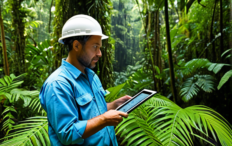 A dedicated environmental scientist, fully clothed in professional field attire, actively working in a vibrant tropical rainforest. They are holding a ruggedized tablet displaying a GIS map, while simultaneously operating a handheld GPS device. The scientist is focused, demonstrating competence and critical thinking. Their well-formed hands are manipulating the devices with precision. Dense, lush green foliage and rich biodiversity of the rainforest, with natural lighting filtering through the canopy. safe for work, appropriate content, fully clothed, professional, perfect anatomy, correct proportions, natural pose, well-formed hands, proper finger count, natural body proportions, high-quality professional photography, detailed, realistic.
