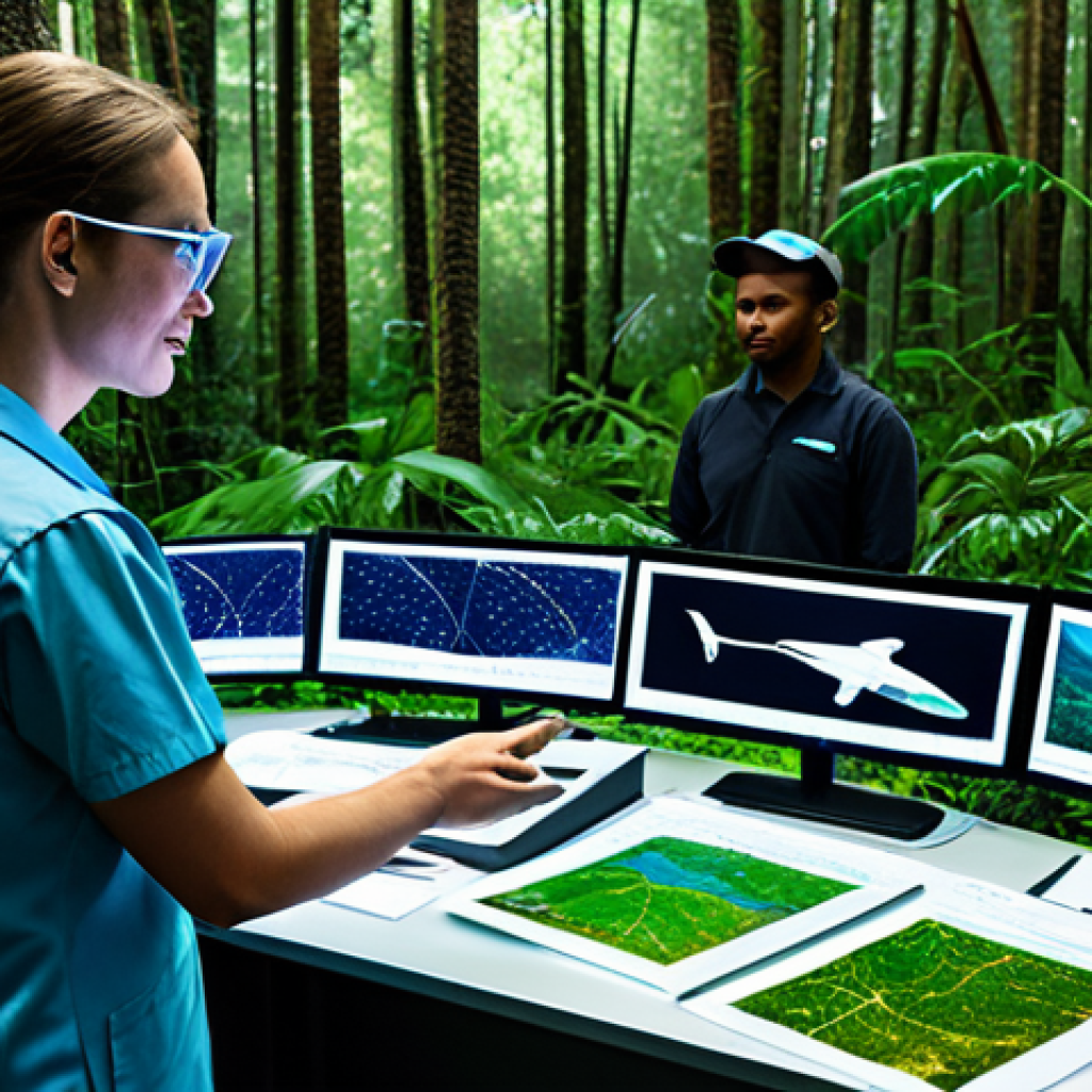 A team of diverse professional conservation scientists and technicians, fully clothed in appropriate outdoor attire and professional dress, working in a high-tech environmental monitoring center. The scene shows them interacting with holographic data visualizations of global ecosystems, with drones flying in the background over a lush, biodiverse forest and a vibrant ocean. The atmosphere is futuristic and collaborative, highlighting the integration of AI and advanced sensors for real-time planet monitoring. Perfect anatomy, correct proportions, well-formed hands, natural body proportions, natural pose, professional photography, cinematic lighting, safe for work, appropriate content, fully clothed, professional, modest.