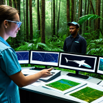 A team of diverse professional conservation scientists and technicians, fully clothed in appropriate outdoor attire and professional dress, working in a high-tech environmental monitoring center. The scene shows them interacting with holographic data visualizations of global ecosystems, with drones flying in the background over a lush, biodiverse forest and a vibrant ocean. The atmosphere is futuristic and collaborative, highlighting the integration of AI and advanced sensors for real-time planet monitoring. Perfect anatomy, correct proportions, well-formed hands, natural body proportions, natural pose, professional photography, cinematic lighting, safe for work, appropriate content, fully clothed, professional, modest.