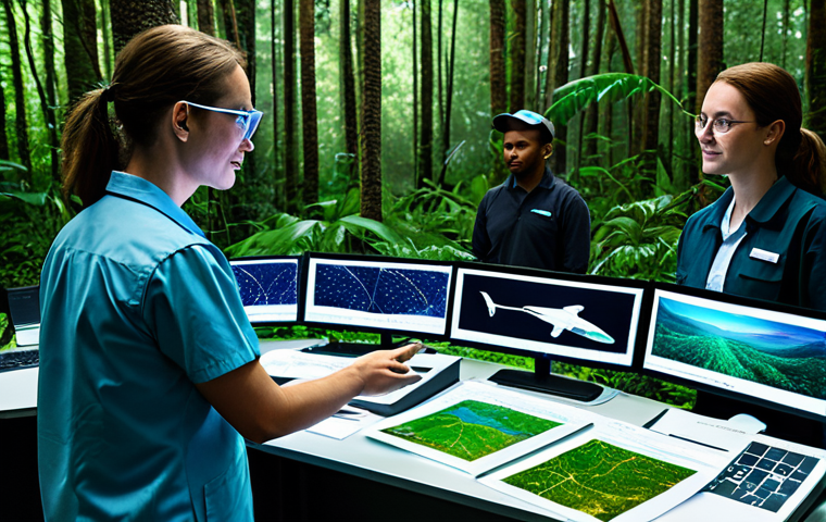 A team of diverse professional conservation scientists and technicians, fully clothed in appropriate outdoor attire and professional dress, working in a high-tech environmental monitoring center. The scene shows them interacting with holographic data visualizations of global ecosystems, with drones flying in the background over a lush, biodiverse forest and a vibrant ocean. The atmosphere is futuristic and collaborative, highlighting the integration of AI and advanced sensors for real-time planet monitoring. Perfect anatomy, correct proportions, well-formed hands, natural body proportions, natural pose, professional photography, cinematic lighting, safe for work, appropriate content, fully clothed, professional, modest.