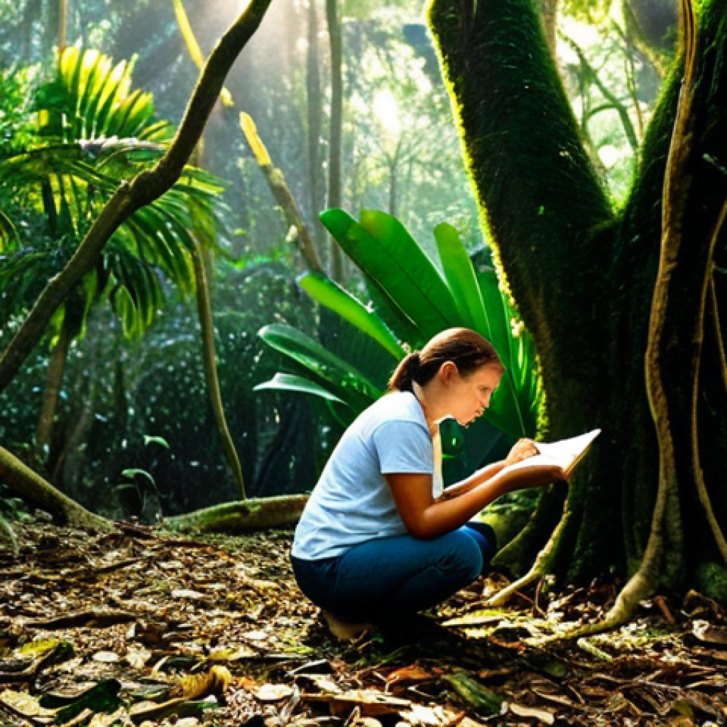 생물다양성 보전 업무일기 작성법 - **Prompt:** A dedicated female conservationist, in her late 30s, kneels on the damp forest floor of ...