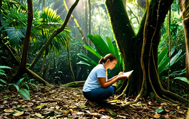 생물다양성 보전 업무일기 작성법 - **Prompt:** A dedicated female conservationist, in her late 30s, kneels on the damp forest floor of ...