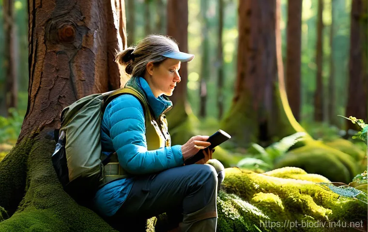 생물다양성 보전 전문가 연봉과 직무 - A focused female biodiversity conservation specialist, aged late 30s, is meticulously monitoring wil...