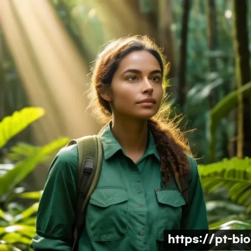 생물다양성 보전 자격증 취득 절차 - A hopeful young woman, in her early twenties, stands amidst a vibrant, sun-drenched Brazilian rainfo...