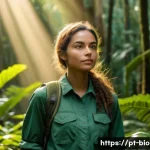 Home 21 생물다양성 보전 자격증 취득 절차 - A hopeful young woman, in her early twenties, stands amidst a vibrant, sun-drenched Brazilian rainfo...