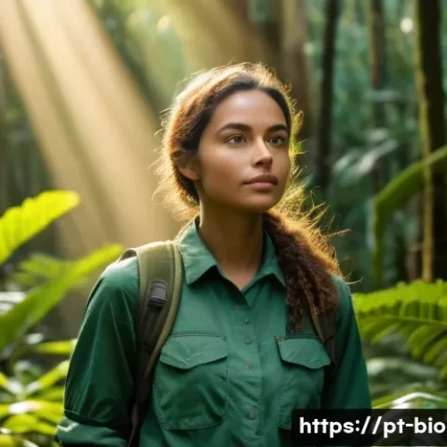 Home 33 생물다양성 보전 자격증 취득 절차 - A hopeful young woman, in her early twenties, stands amidst a vibrant, sun-drenched Brazilian rainfo...