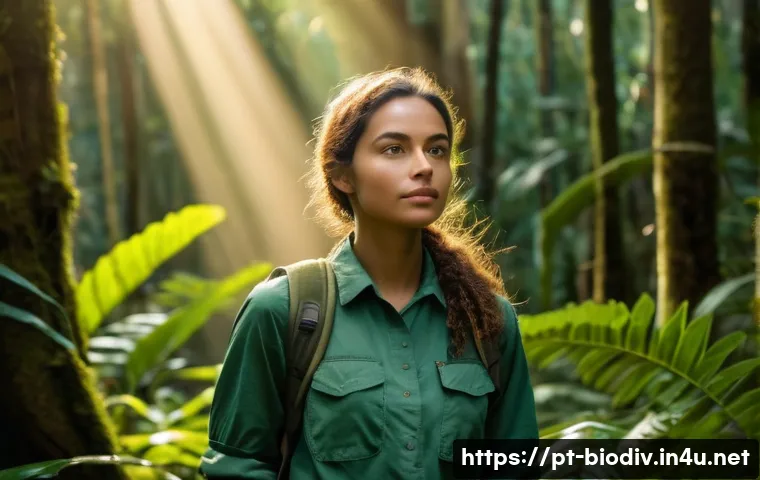 생물다양성 보전 자격증 취득 절차 - A hopeful young woman, in her early twenties, stands amidst a vibrant, sun-drenched Brazilian rainfo...