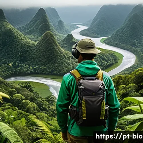 Home 32 생물다양성 보전 전문가 직무 역량 - A detailed scene of a Brazilian ecologist in a lush Atlantic Forest reserve, wearing practical field...