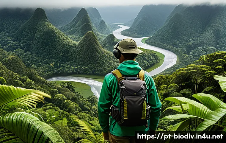 생물다양성 보전 전문가 직무 역량 - A detailed scene of a Brazilian ecologist in a lush Atlantic Forest reserve, wearing practical field...