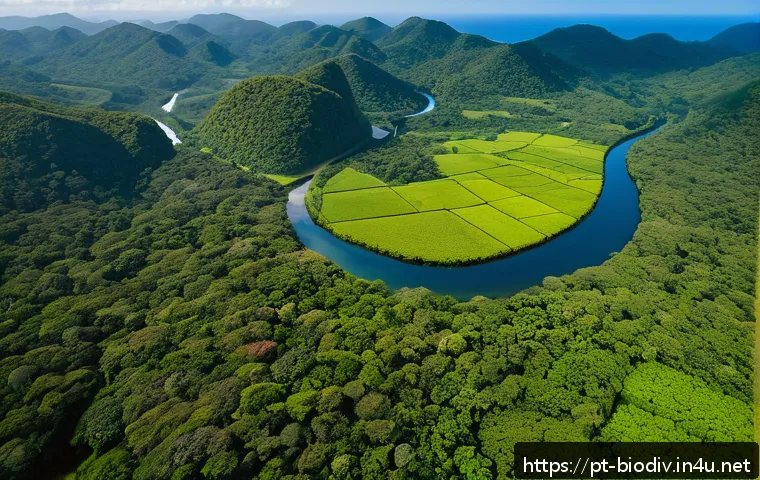 생물다양성 보전 전문가 이론 정리 - A vibrant, detailed aerial view of an ecological corridor in the Brazilian Atlantic Forest, showcasi...